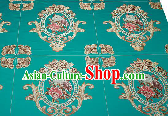 Top Grade Classical Flocked Peony Pattern Green Brocade Chinese Traditional Garment Fabric Cushion Satin Material Drapery