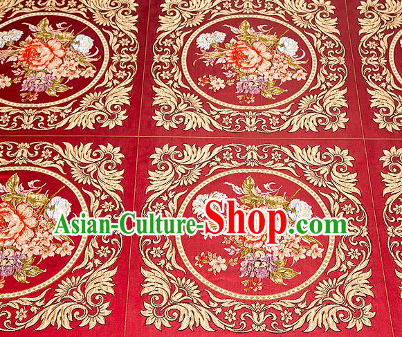 Top Grade Classical Peony Flowers Pattern Red Brocade Chinese Traditional Garment Fabric Cushion Satin Material Drapery