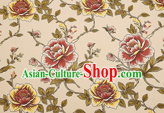 Top Grade Classical Peony Pattern Beige Brocade Chinese Traditional Garment Fabric Cushion Satin Material Drapery