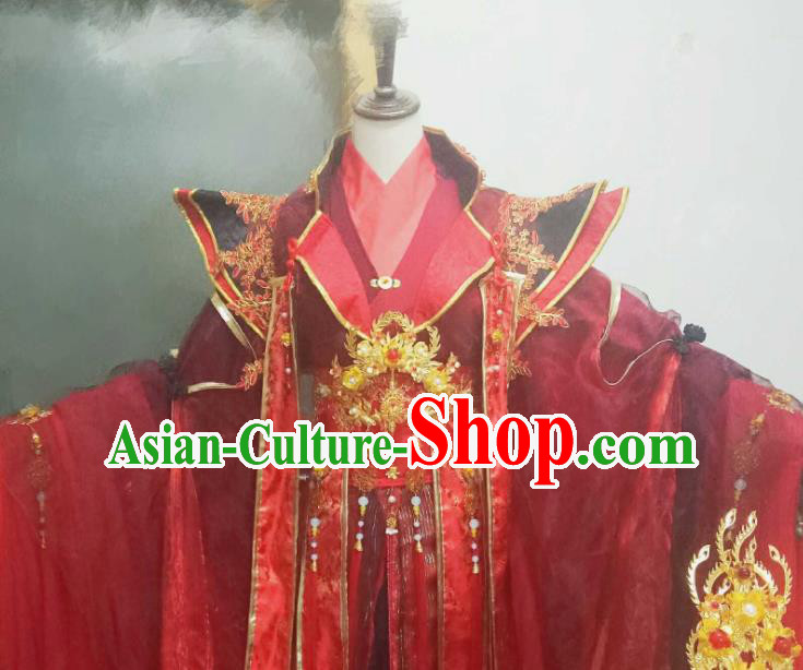 Chinese Ancient Cosplay Wedding Costumes Traditional Princess Embroidered Red Hanfu Dress and Headpiece Complete Set