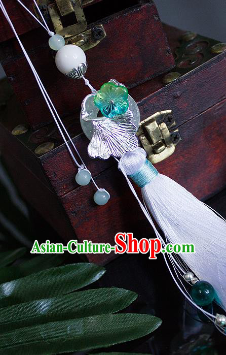 Chinese Traditional Handmade Waist Accessories Palace White Tassel Ginkgo Jade Pendant for Men