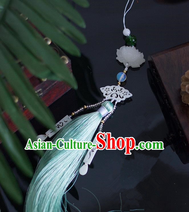 Chinese Traditional Handmade Waist Accessories Palace Green Tassel Lotus Jade Pendant for Men