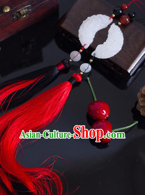 Chinese Traditional Handmade Red Tassel Waist Accessories Palace Moon Jade Pendant for Men