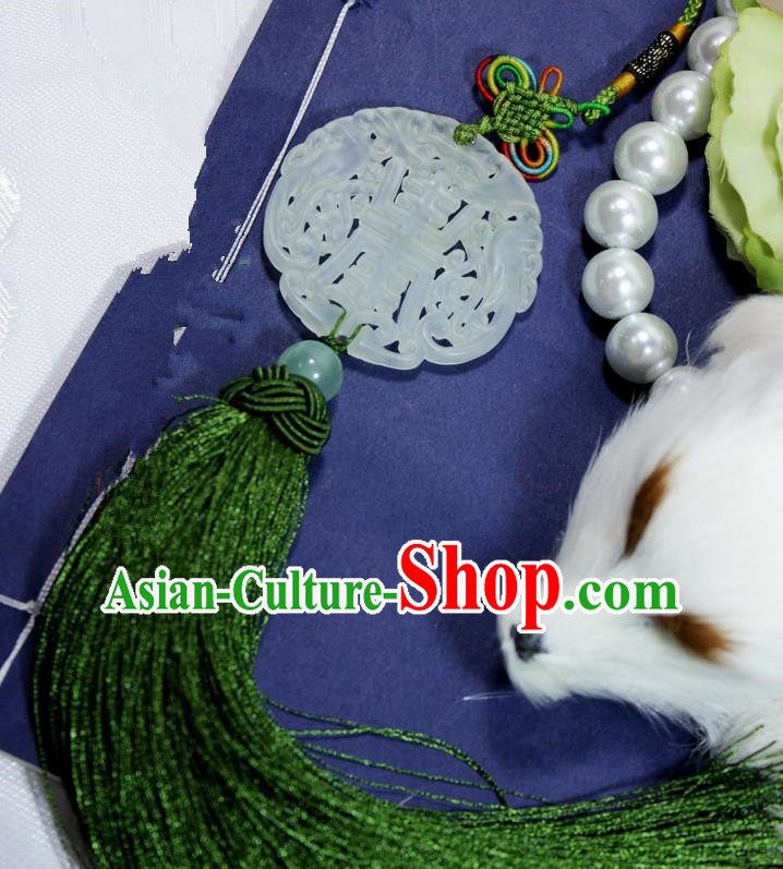 Chinese Traditional Handmade Green Tassel Waist Accessories Palace Longevity Jade Pendant for Men