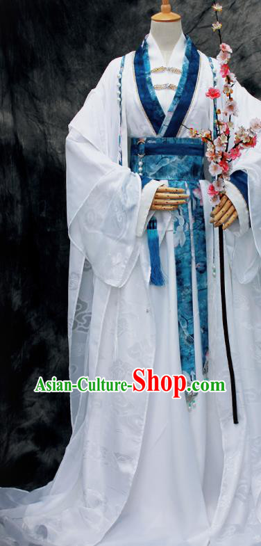 Chinese Ancient Swordsman White Costumes Traditional Cosplay Nobility Childe Hanfu Clothing for Men