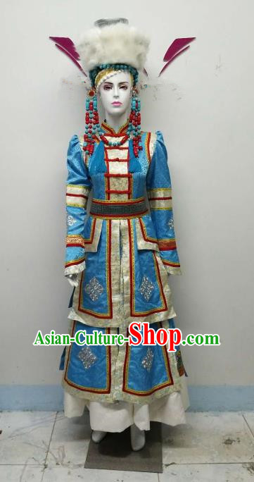 Chinese Ethnic Costumes Traditional Mongolian Nationality Embroidered Blue Dress and Hat for Women