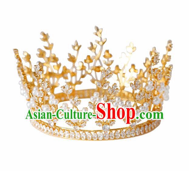 Top Grade Handmade Bride Pearls Golden Royal Crown Hair Accessories for Women