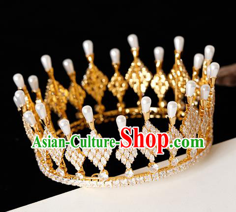 Top Grade Handmade Bride Golden Crystal Pearls Royal Crown Hair Accessories for Women