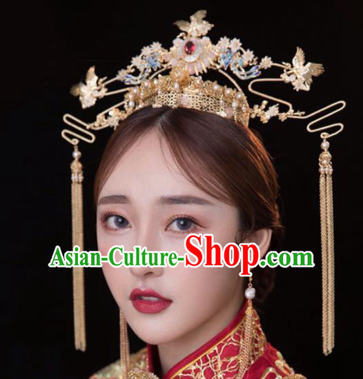 Chinese Traditional Xiuhe Suit Handmade Golden Phoenix Coronet Ancient Bride Hairpins Hair Accessories for Women