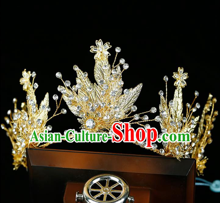 Top Grade Handmade Bride Golden Leaf Royal Crown Baroque Princess Hair Accessories for Women