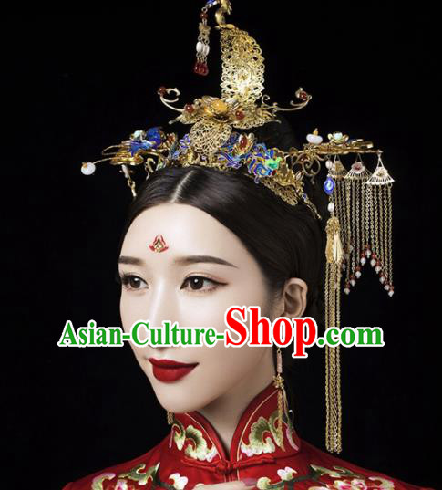 Chinese Traditional Queen Cloisonne Phoenix Coronet Hairpins Ancient Handmade Xiuhe Suit Hair Accessories for Women