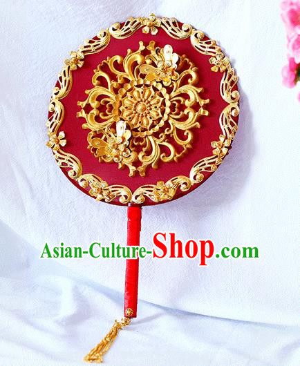 Chinese Traditional Wedding Round Fans Ancient Bride Handmade Red Palace Fans for Women