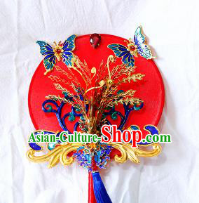 Chinese Traditional Wedding Cloisonne Butterfly Round Fans Ancient Bride Handmade Red Palace Fans for Women