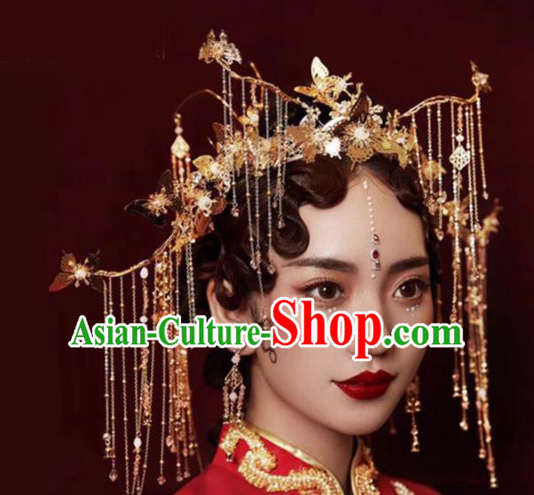 Chinese Traditional Xiuhe Suit Handmade Tassel Phoenix Coronet Ancient Bride Hairpins Hair Accessories for Women