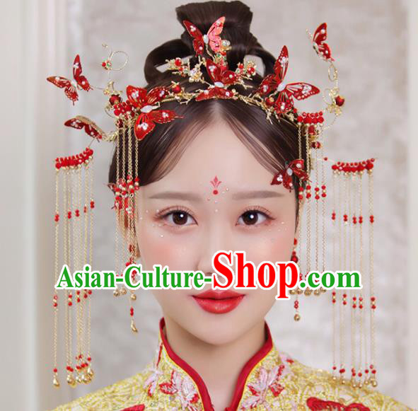 Chinese Traditional Xiuhe Suit Handmade Red Butterfly Phoenix Coronet Ancient Bride Hairpins Hair Accessories for Women