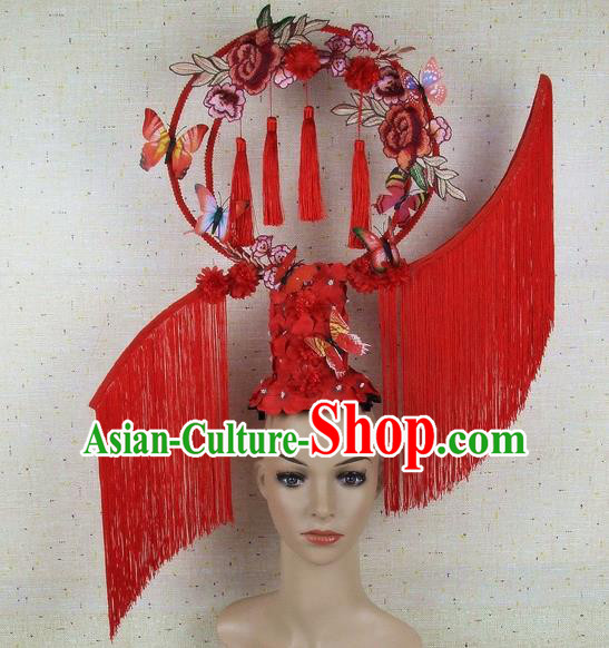 Top Grade Chinese Handmade Lace Headdress Traditional Red Tassel Hair Accessories for Women