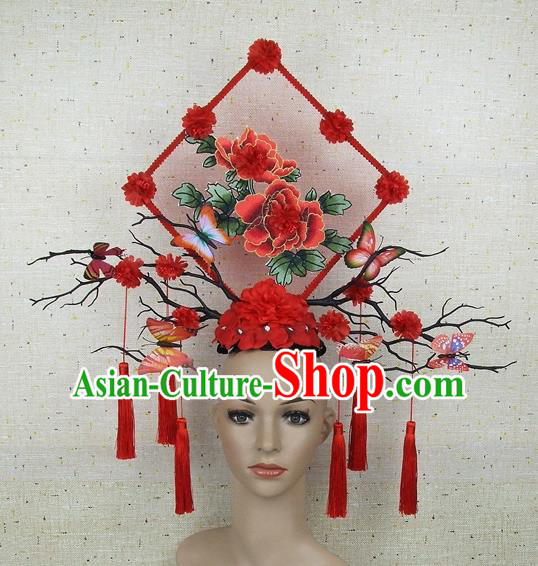 Top Grade Chinese Handmade Lace Headdress Traditional Red Peony Hair Accessories for Women