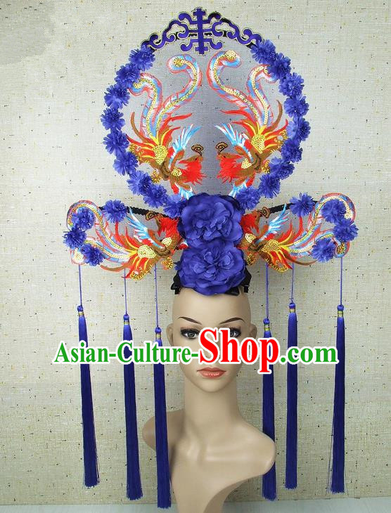 Top Grade Chinese Handmade Blue Peony Phoenix Headdress Traditional Hair Accessories for Women