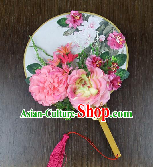 Chinese Traditional Wedding Pink Peony Flowers Round Fans Ancient Bride Handmade Palace Fans for Women