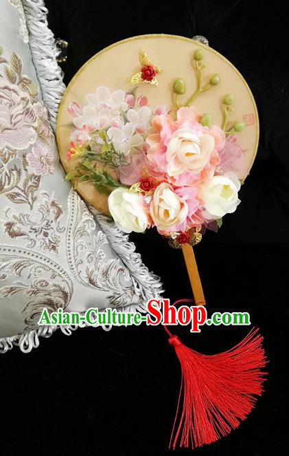 Chinese Traditional Wedding White Rose Round Fans Ancient Bride Handmade Palace Fans for Women