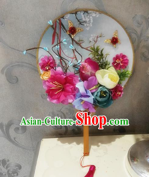 Chinese Traditional Wedding Rosy Peony Round Fans Ancient Bride Handmade Palace Fans for Women