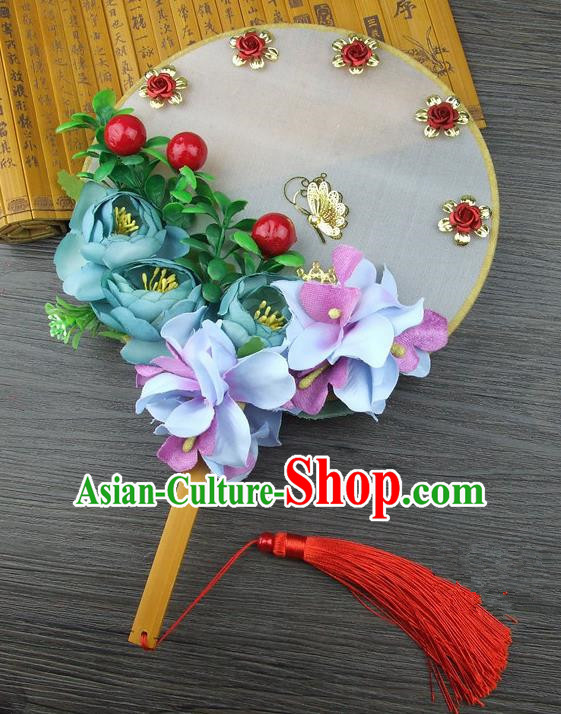 Chinese Traditional Wedding Green Flowers Round Fans Ancient Bride Handmade Palace Fans for Women