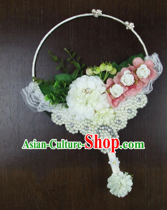 Chinese Traditional Wedding White Round Fans Ancient Bride Handmade Pearls Palace Fans for Women