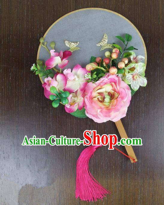 Chinese Traditional Wedding Pink Peony Butterfly Round Fans Ancient Bride Handmade Palace Fans for Women