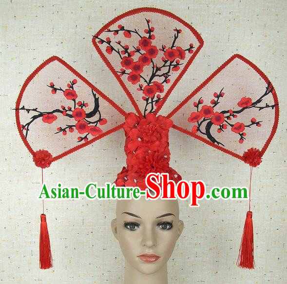 Top Grade Chinese Handmade Red Plum Blossom Headdress Traditional Hair Accessories for Women