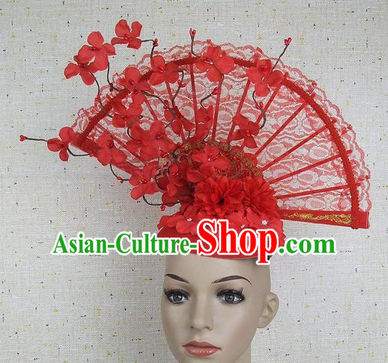 Top Grade Chinese Handmade Red Lace Flowers Headdress Traditional Hair Accessories for Women