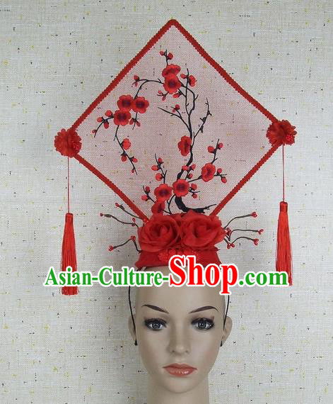 Top Grade Chinese Handmade Red Embroidered Plum Blossom Square Headdress Traditional Hair Accessories for Women