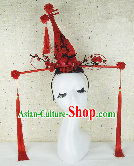 Top Grade Chinese Handmade Red Lute Hair Clasp Headdress Traditional Hair Accessories for Women