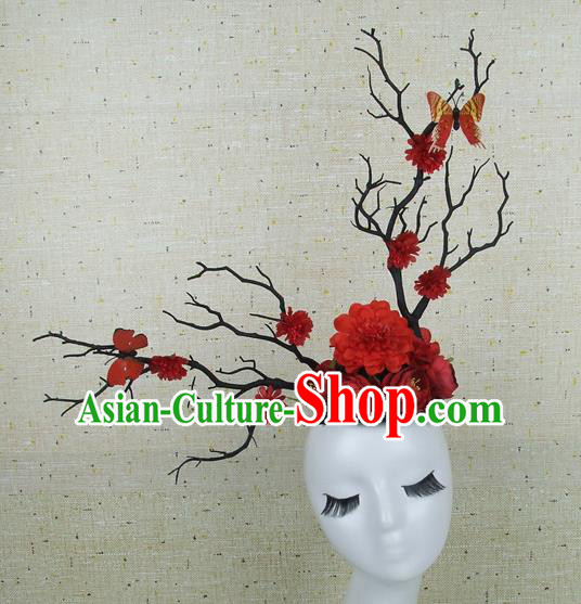 Chinese Traditional Handmade Red Peony Butterfly Hair Accessories Halloween Cosplay Headwear for Women