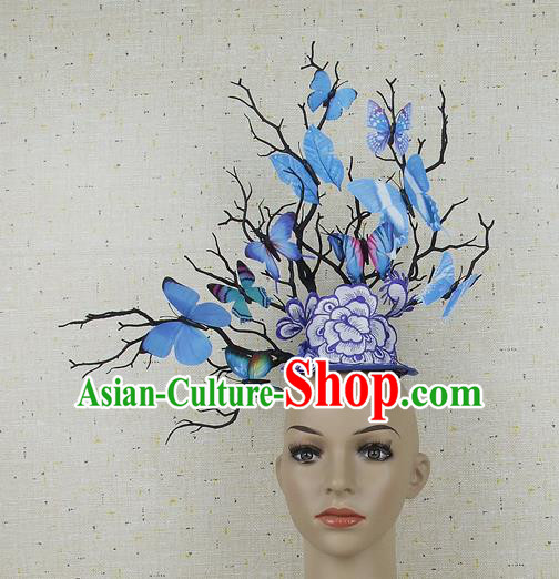 Top Grade Chinese Handmade Blue Butterfly Headdress Traditional Hair Accessories for Women