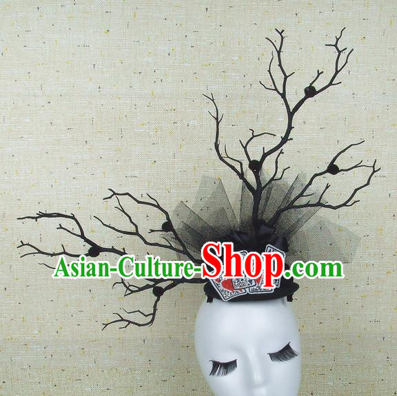 Top Grade Handmade Black Branch Hair Accessories Halloween Top Hat Cosplay Headwear for Women