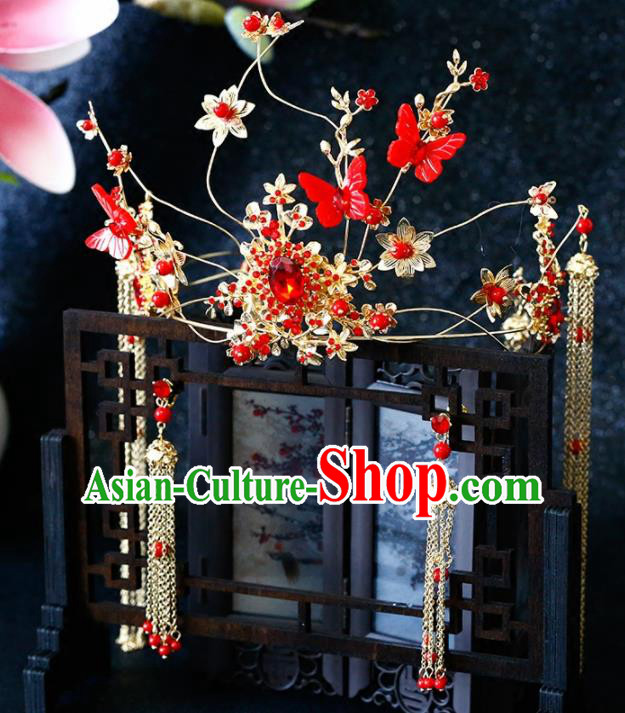 Chinese Traditional Wedding Red Butterfly Phoenix Coronet Ancient Bride Handmade Hair Accessories for Women
