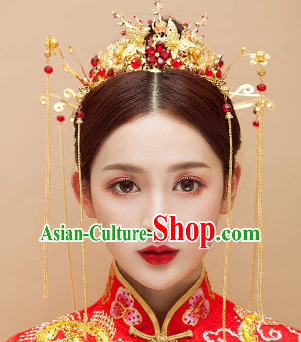 Chinese Traditional Wedding Red Flowers Phoenix Coronet Ancient Bride Handmade Hair Accessories for Women