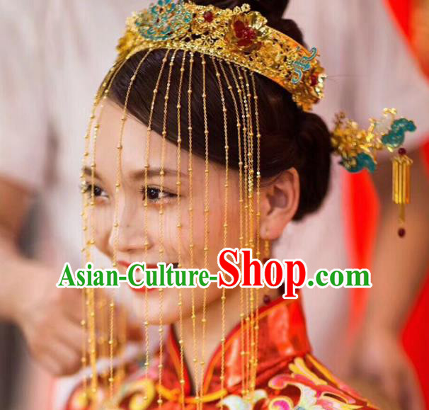 Chinese Traditional Wedding Blueing Phoenix Coronet Ancient Bride Handmade Hair Accessories for Women
