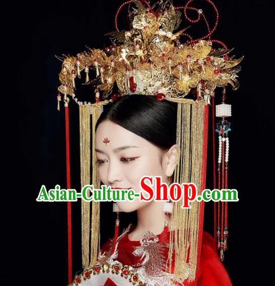 Chinese Traditional Wedding Jade Phoenix Coronet Ancient Bride Handmade Hair Accessories for Women