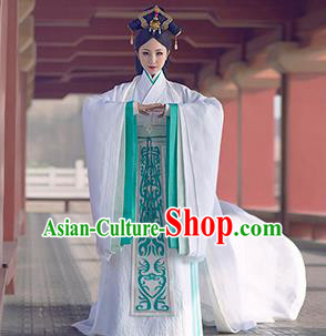 Chinese Traditional Palace Hanfu Dress Ancient Qin Dynasty Imperial Concubine Embroidered Costumes and Headpiece Complete Set