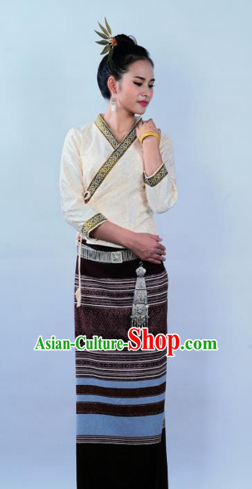 Asian Chinese Ethnic Costumes Traditional Dai Nationality Folk Dance White Blouse and Brown Skirt for Women