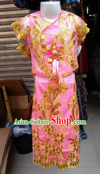 Asian Chinese Ethnic Costumes Traditional Dai Nationality Folk Dance Pink Dress for Kids