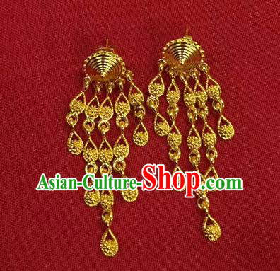 Chinese Ethnic Folk Dance Accessories Traditional Dai Nationality Golden Tassel Earrings for Women