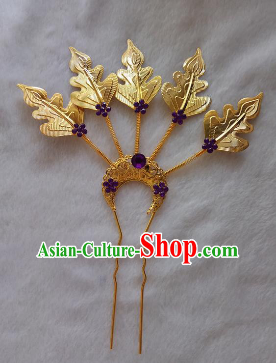 Chinese Ethnic Dai Nationality Folk Dance Hair Accessories Traditional Golden Leaf Hairpins for Women