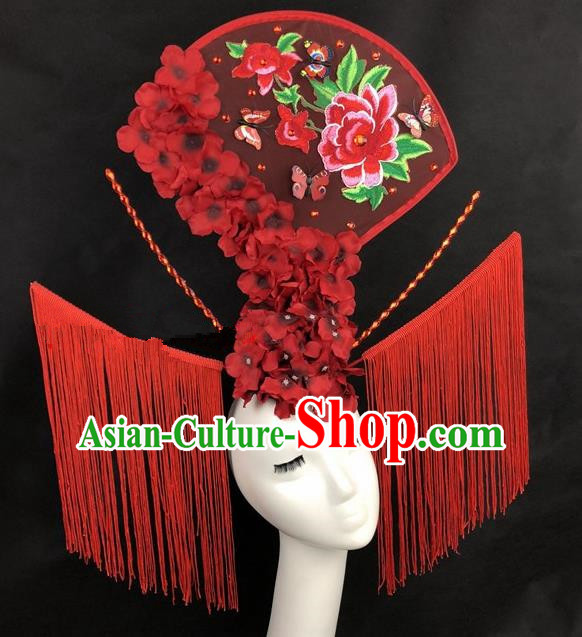 Chinese Traditional Palace Exaggerated Headdress Catwalks Red Peony Tassel Hair Accessories for Women