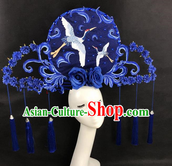 Chinese Traditional Palace Exaggerated Headdress Catwalks Blue Crane Hair Accessories for Women