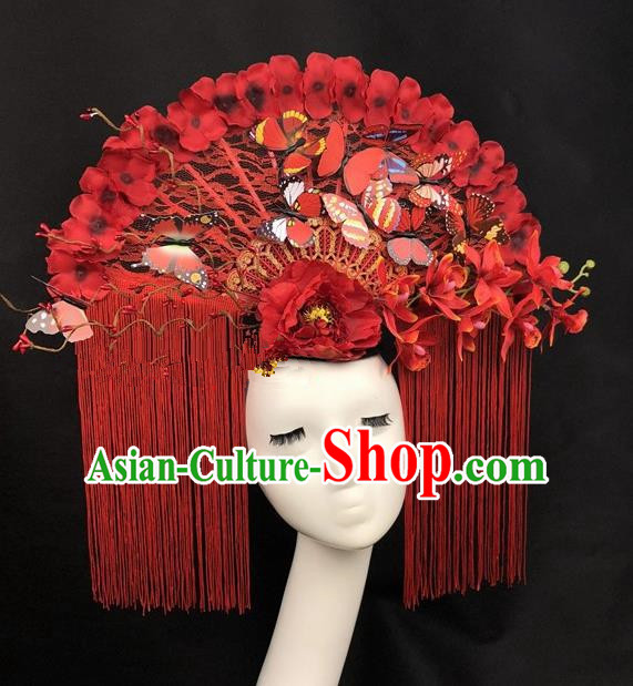 Chinese Traditional Palace Exaggerated Headdress Catwalks Red Tassel Butterfly Hair Accessories for Women