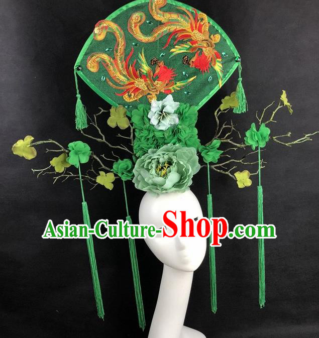 Chinese Traditional Palace Exaggerated Green Headdress Catwalks Embroidered Phoenix Hair Accessories for Women