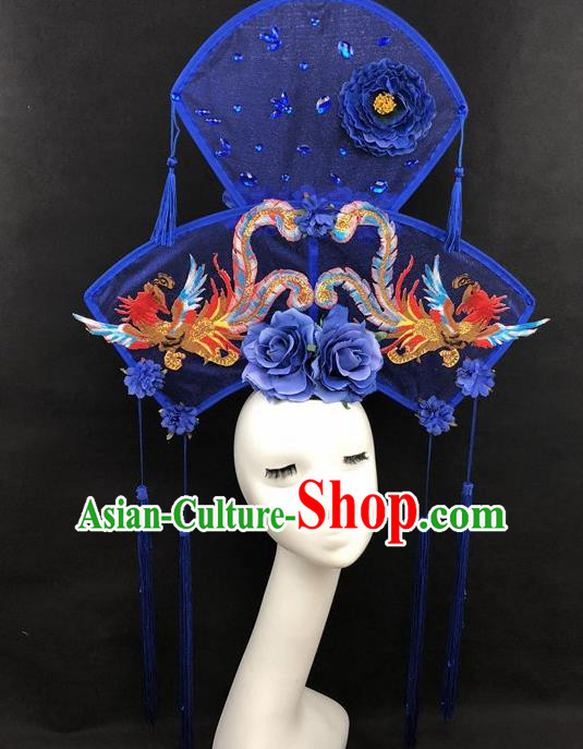 Chinese Traditional Palace Exaggerated Headdress Catwalks Embroidered Phoenix Blue Hair Accessories for Women