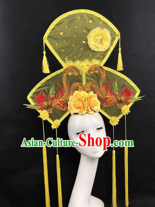 Chinese Traditional Palace Exaggerated Headdress Catwalks Embroidered Phoenix Yellow Hair Accessories for Women